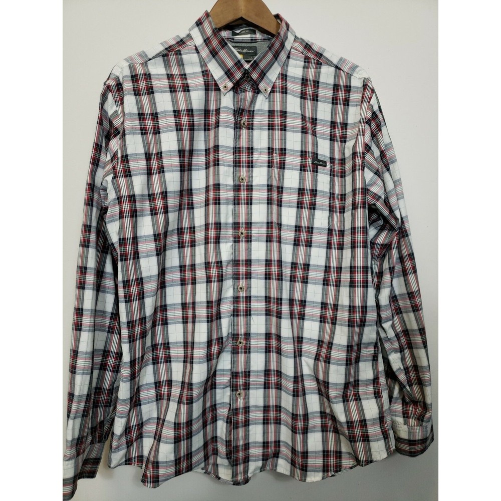 Eddie Bauer Men's Size Large L Long Sleeve Gray Red Plaid Shirt cotton blend